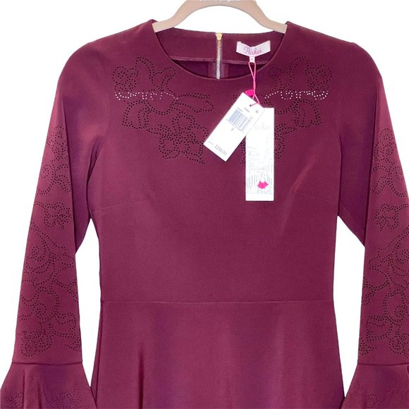 PARKER Orlando Laser Cut Bell Ruffle long Sleeve Dress Raisin Sheath Red 0 New - Picture 4 of 14